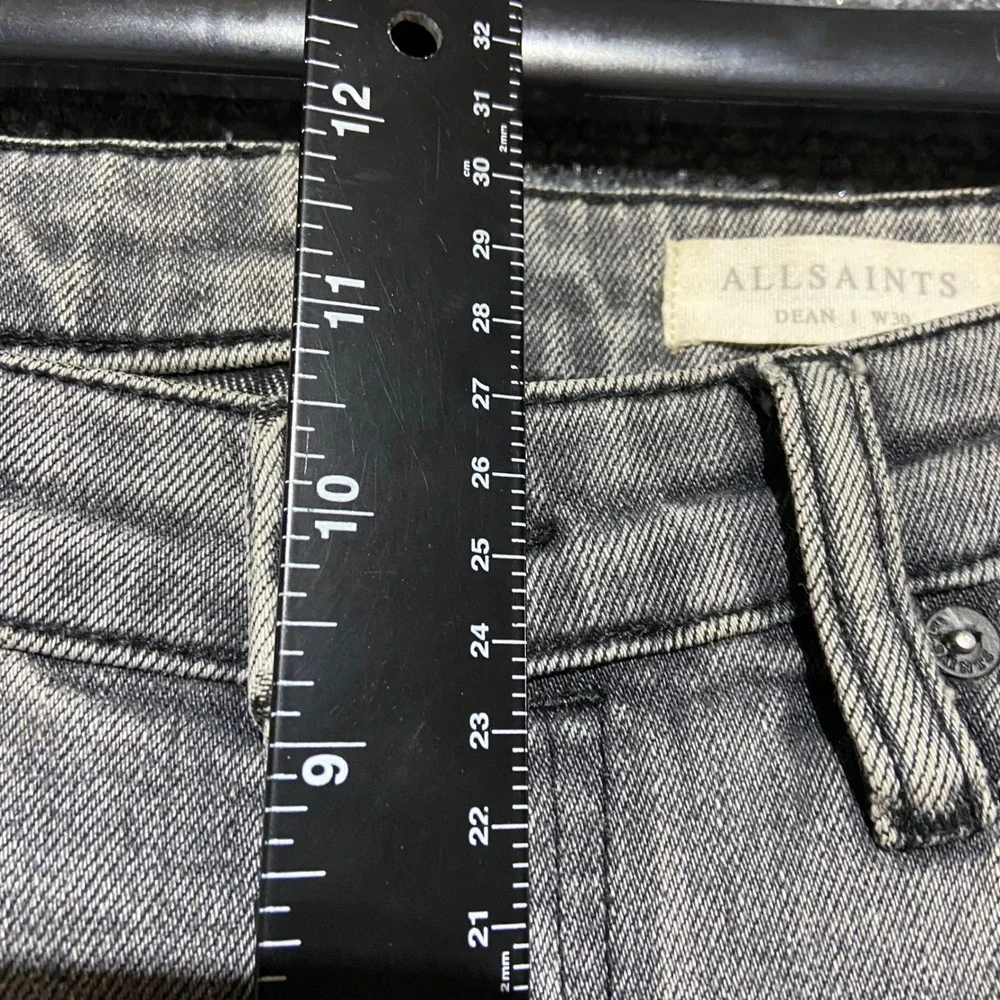 AllSaints Dean Slim Straight Grey Faded Jeans Size 30 Button Fly Raw Hem Grunge